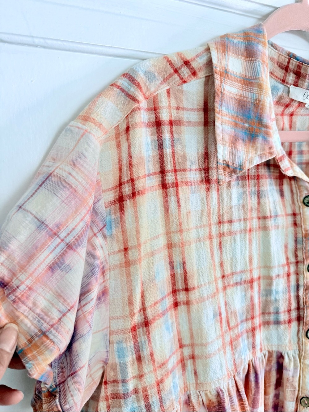 Women’s Short-Sleeve Button-Front Plaid Peplum Top - Pink Multi - Picture 5 of 9